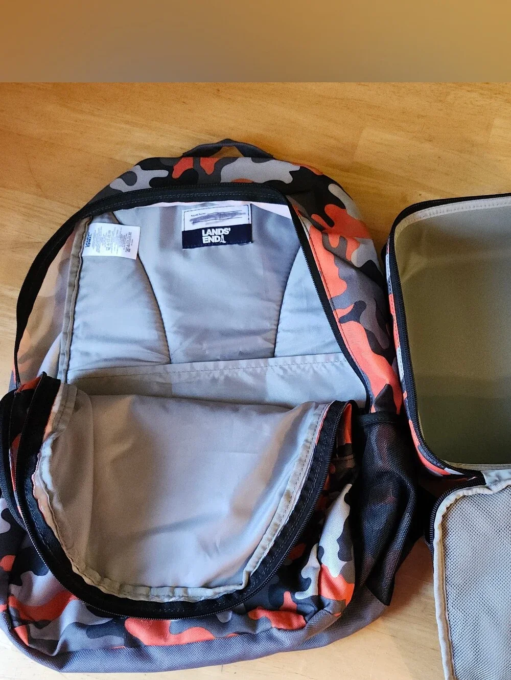 Lands' End Classmate Backpack Orange Camo Medium & Lunchbox Set GUC